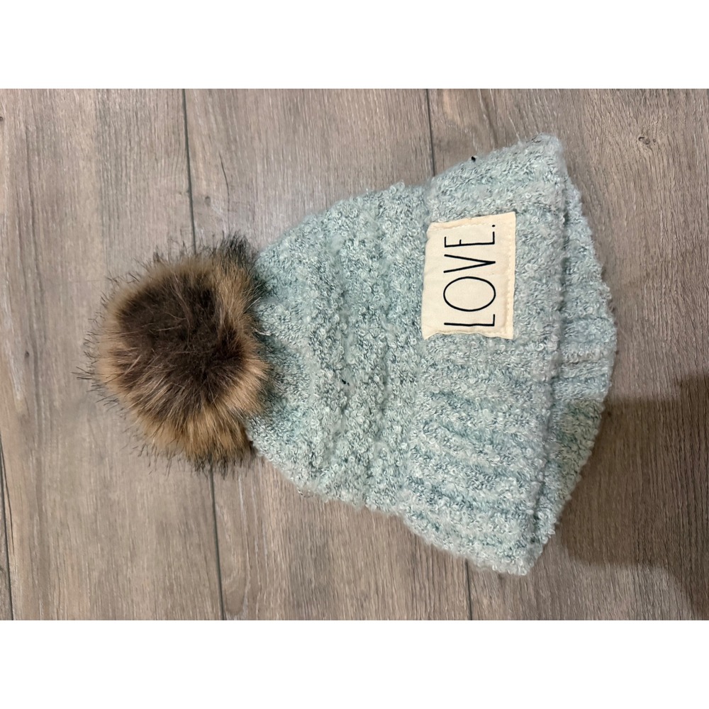 Rae Dunn Love Patch Boucle Knit Beanie Faux Fur Pom Pom Hat Mint Blue
